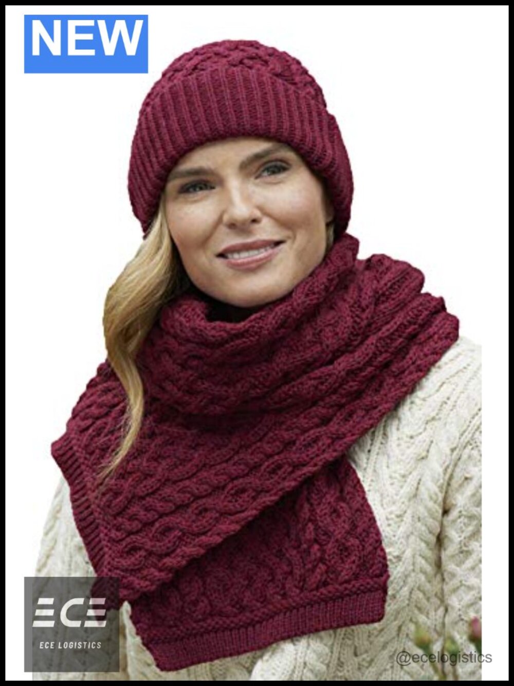 Irish Merino Wool Cable Knit Trellis Scarf Unisex Soft Warm